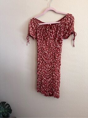 Ultra Flirt Burgundy Red Ruched Mini Dress with White Floral Print